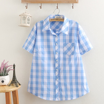 2021 fat mm summer new large size womens cotton plaid short sleeve shirt loose top 200 Jin womens shirt