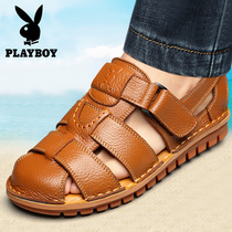 Floral Playboy Summer Baotou sandals Mens leather Bull Leather Casual Beach Shoes Non-slip Bull Gluten Bottom Soft Bottom Mens Shoes