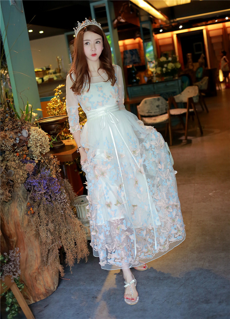 3519# 2017夏款网纱刺绣泰国仙女立体蝴蝶长裙度假裙连衣裙#实拍