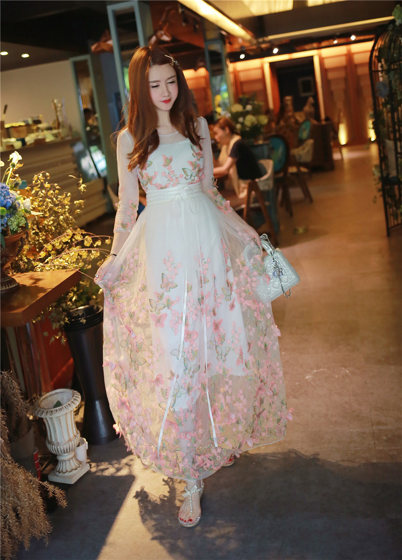 3519# 2017夏款网纱刺绣泰国仙女立体蝴蝶长裙度假裙连衣裙#实拍