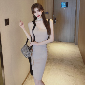 Summer sexy stitching contrast deep V-neck vest knitted dress hip skirt