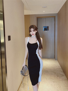 Summer sexy stitching contrast deep V-neck vest knitted dress hip skirt