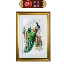 Jinwu needle pure handmade Suzhou embroidery painting Su embroidery finished hanging painting porch bedroom silk decoration painting Peacock interdependence