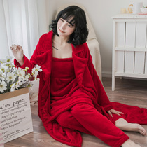 Flannel nightgown womens pajamas Autumn and winter thickened coral velvet wedding nightgown Red bathrobe home service suit three-piece set