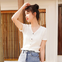 2021 summer new knitted short-sleeved top design sense niche short section wild ice silk cardigan thin section T-shirt tide