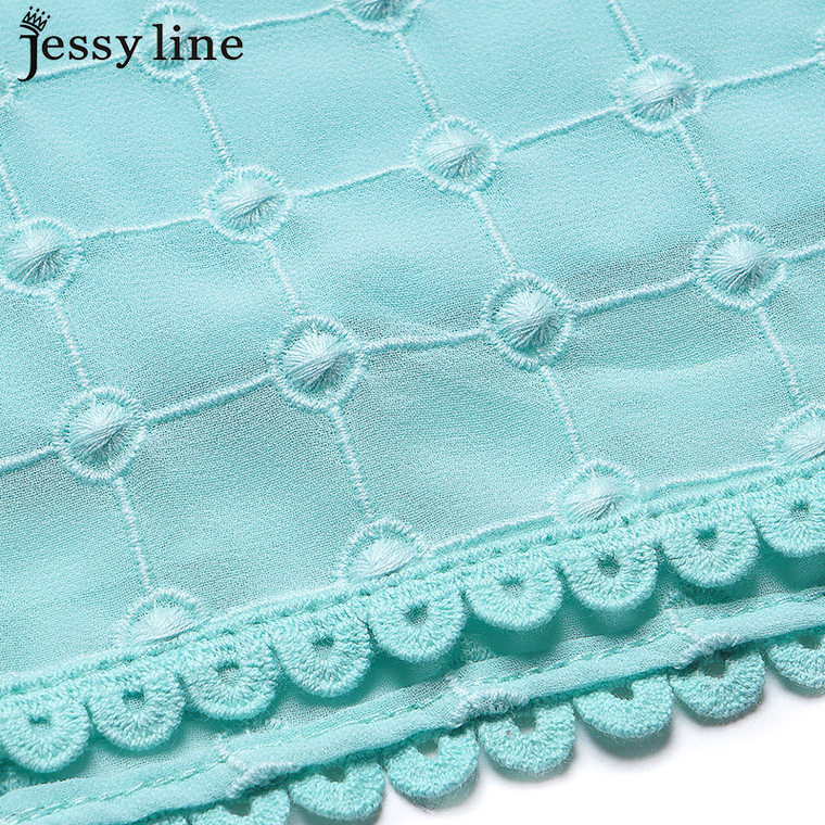 jessy line2015夏装新款 杰茜莱小清新荷叶袖蕾丝拼接短袖雪纺衫