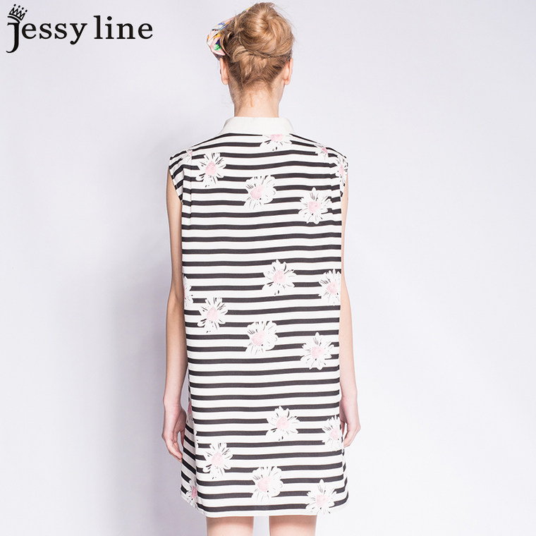 jessy line2015夏装新款 杰茜莱百搭条纹显瘦印花无袖雪纺连衣裙