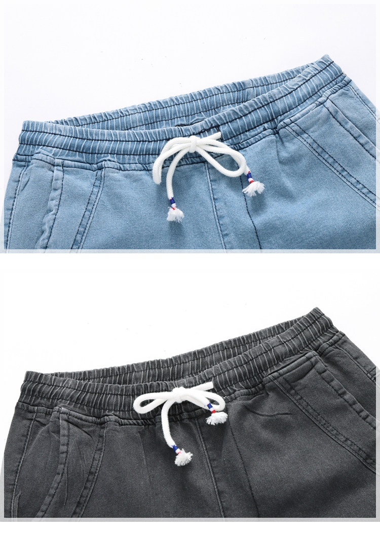 2020夏款休闲弹松紧抽绳男士牛仔中裤抽绳55003p60白底