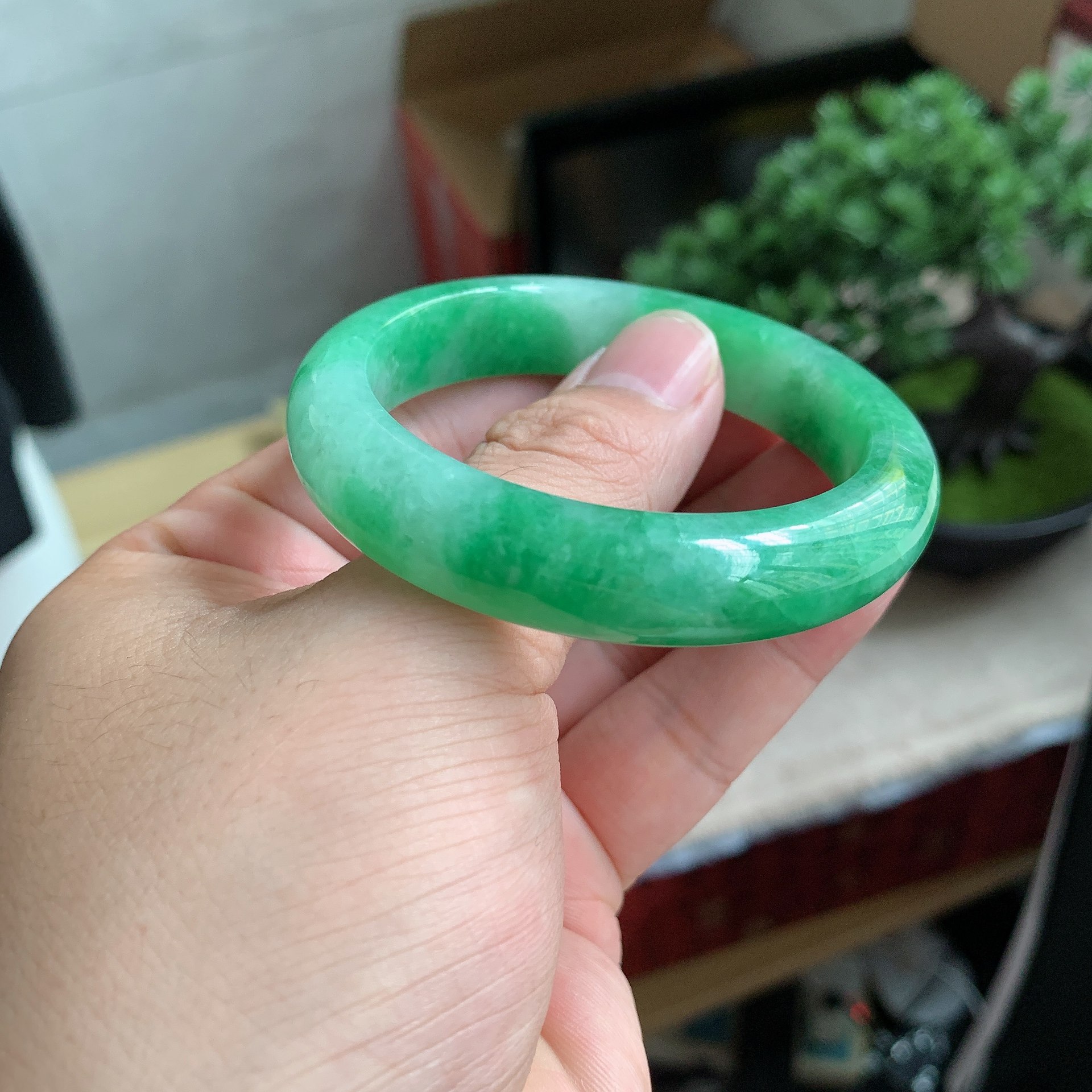 老坑冰糯种51/52小圈口满色飘阳绿镯子翡翠手镯玉镯子缅甸天然a货