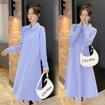 Pregnant woman with long-sleeved tops Chunqiu fashion passes the knee loose dress in autumn and winter with big size autumn