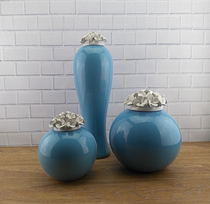 Soft Dress Design Blue Ceramic Vase Floral White Petal Cover Storage Jar Pendulum modern minimalist Home Residence Ornaments