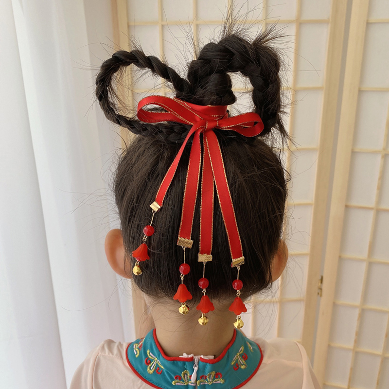 Children's ancient wind drifting with head decoration female summer girl choreographer Rope Girl Super Fairy Hair Circles Hanfu Bell Hair Accessories Braid