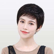 Full real hair wig Middle-aged lady short hair fluffy natural real hair Mom short curly hair Full headgear wig