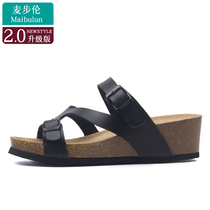 Maibu Lun slope Cork slippers high heel outdoor beach comfortable summer non-slip ladies fashion drag