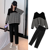 Japanese pregnant women suit Chunqiu loose striped T-shirt butler pants and hot moms go out and play two sets