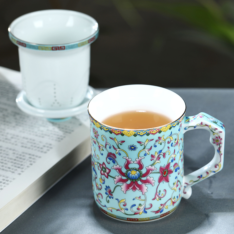 Jingdezhen ceramic filter cups with cover Chinese wind colored enamel cup tea cups of tea cup office separation