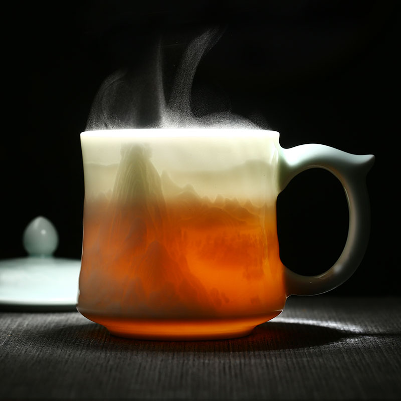 Jingdezhen ceramic tea cup with lid office BeiYing celadon teacup single CPU carving gifts household glass cup