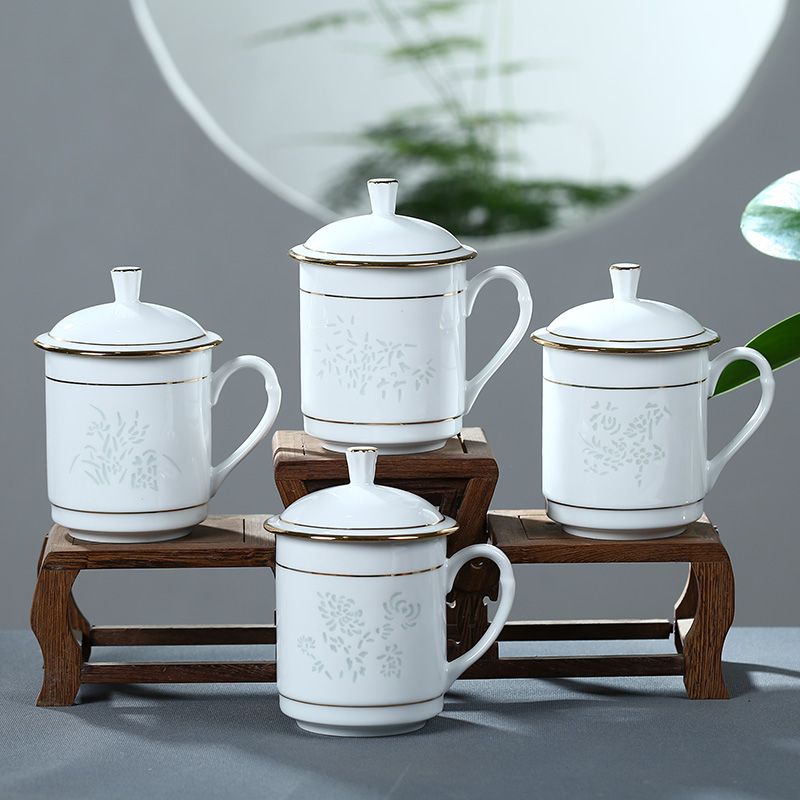 Jingdezhen ceramic tea cup white porcelain cup with cover exquisite printing office gift mugs household glass cup