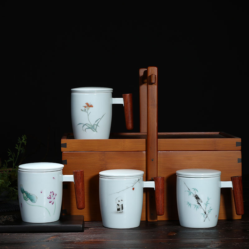Ceramic cups with cover filter tea cup celadon home office cup rosewood handle personal glass mugs