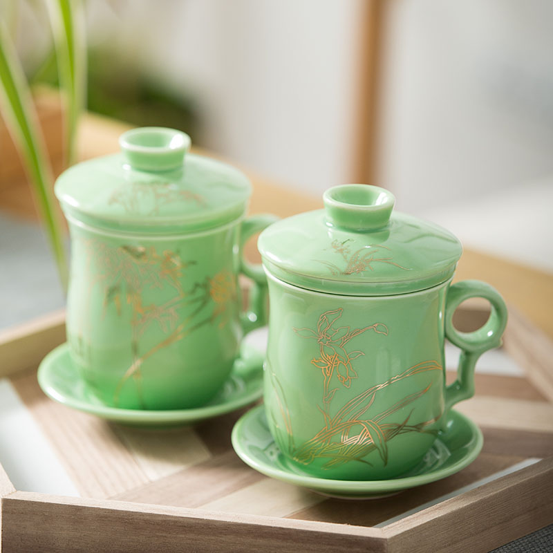 Jingdezhen ceramic filter cups with cover glass office personal cup tea celadon make tea cup set