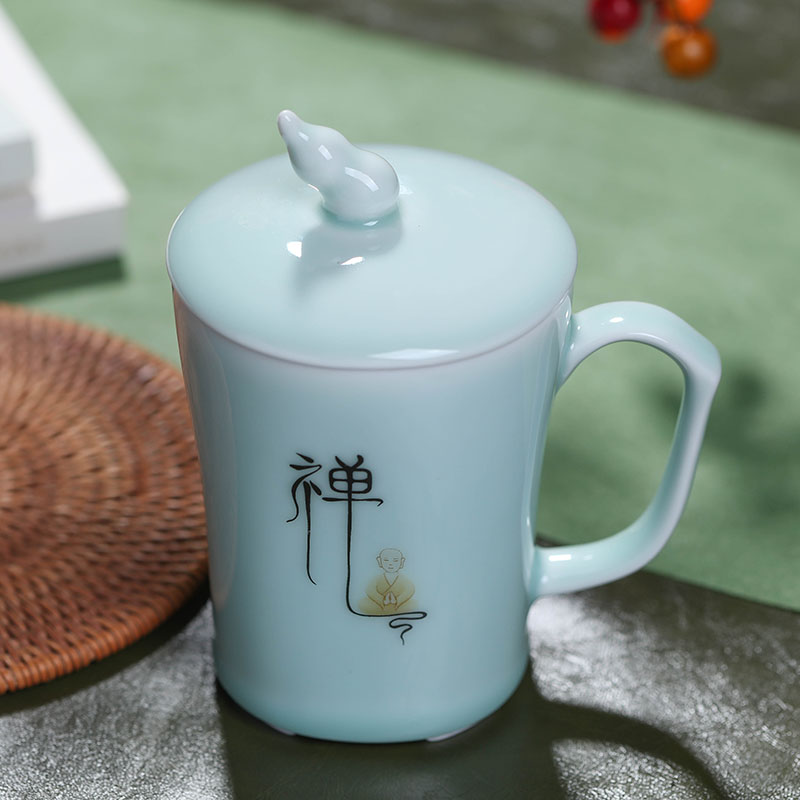 Jade butterfly jingdezhen ceramic cups with cover glass office home celadon personal mark cup 280 ml cup