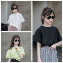 Girl base Pure Cotton Round Collar Short Sleeve T-shirt 2022 Xia New Pine CUHK Childrens minimalist net color 100 lap blouses