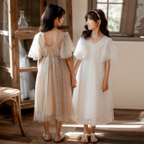 Girl Princess Dress 2020 Spring Summer New CUHK Children V Collar Foreign Air Short Sleeve Dress Star Mesh Yarn Long Dress