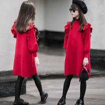 Parent-Child girls sweater dress autumn and winter clothing zhong da tong knit skirt children western style red princess dress