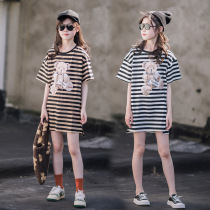 Girl Mid-length Cartoon T-shirt Dress 2022 Summer Dress New CUHK Child Pure Cotton Striped Short Sleeve Parent-child Dress