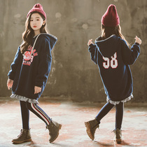 Girls dress autumn and winter new childrens clothing children plus velvet skirt loose hooded casual skirt foreign style