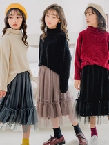Girl Half Body Dress Autumn Winter New Girl Yarn Dress Foreign Air CUHK Children Velvet Short Skirt Outside Wearing Princess Long Skirt