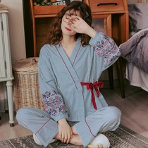 Pajamas womens spring and autumn cotton plus fat plus size fat mm200 kg loose cotton fat sister belted suit