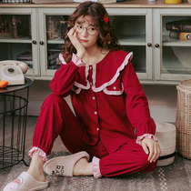 Red Pyjamas Woman Spring Autumn Pure Cotton Long Sleeve Korean Version Lady Princess Wind Bouquet Foot with a large size of 200 kilos