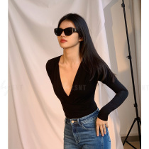 SNT Ace I am a big star Black one-piece tight bottoming shirt Large V-neck long-sleeved T-shirt top female