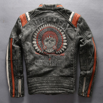 Haremoto conserved headcoat Bull Leather Embroidered Standing for short Locomotive Leather Jacket Mens Leather Clothing Tide