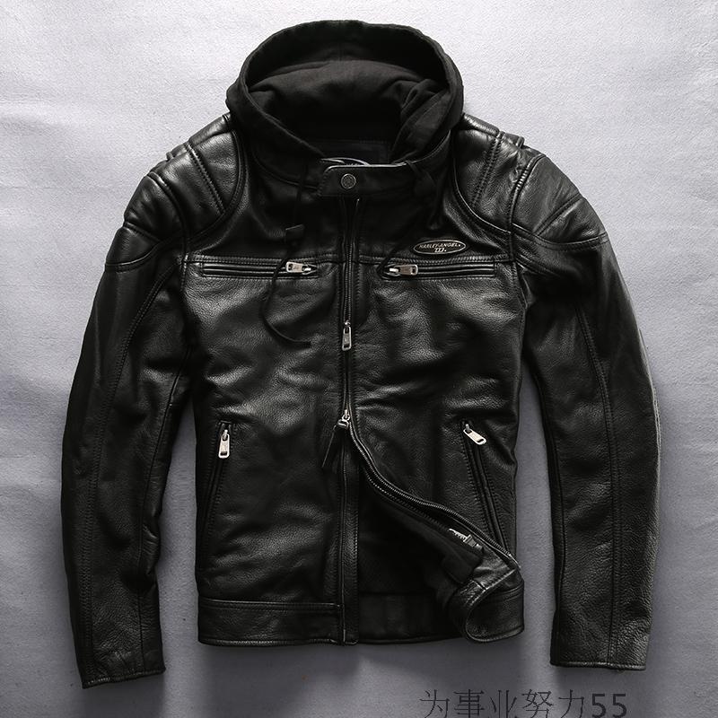 Haremen Genuine Leather Leather Clothing Head Layer Thickened Cow Leather Removable Cap Repair Body Short Locomotive Leather Jacket Male Coat