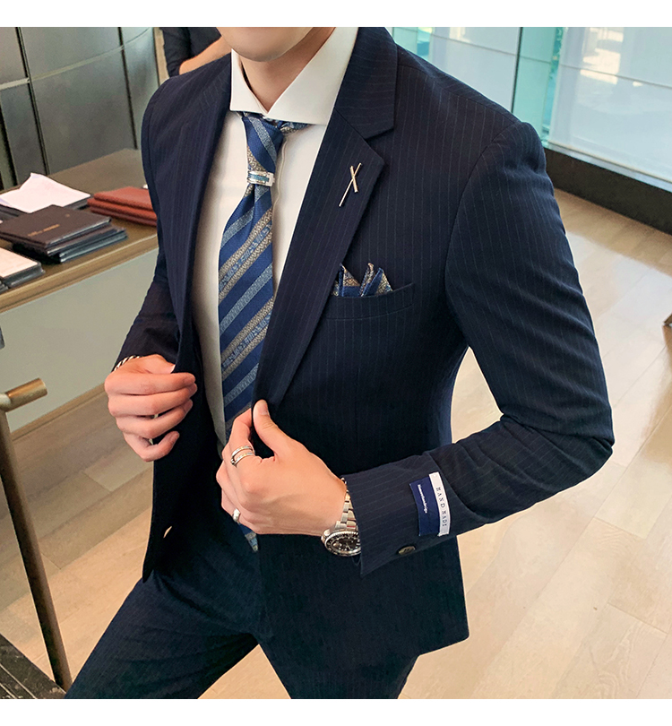 英伦绅士风男士韩版条纹西服套装男w9039/p245黑色