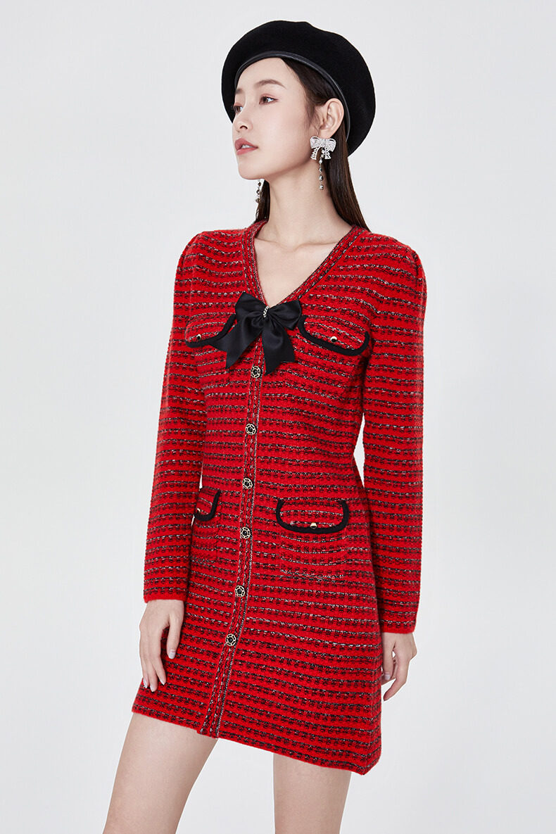 five plus红色小香风针织连衣裙女装春款2022新款修身气质短裙子
