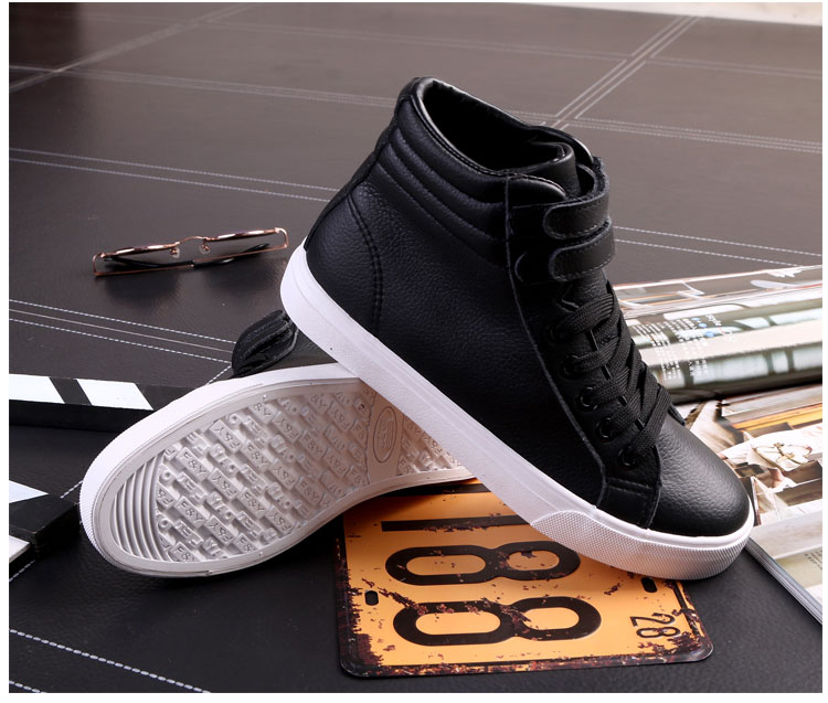 2016新款魔术贴白色高帮帆布鞋女内增高韩版