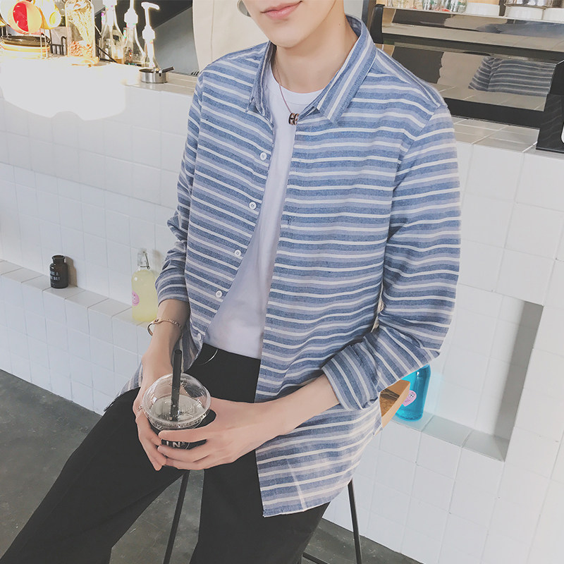 2017潮男春款横条纹翻领修身大码男士青少年衬衫百搭休闲衬衣上衣_7折