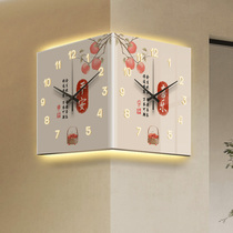 Double-sided corner hanging clock three-dimensional dining room corner clock decoration hanging wall upper free of perforated silent lamp yang corner clock