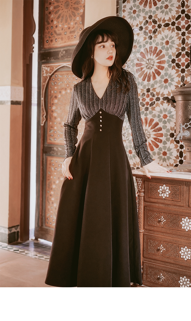 收腰复古裙气质法式长裙法国小众打底秋冬装-衣倾全城-广州批发货源