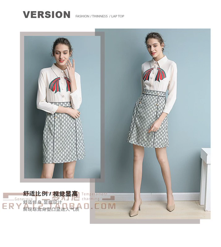 Năm 2021 Phụ nữ mùa xuân CV Tính khí Thêu nơ Áo sơ mi khâu thắt lưng cao in Váy nữ dài tay giả hai mảnh - Váy eo cao