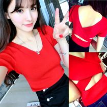 V-collar belly button top woman Xia sexy body tender short sleeve knit tightly belly button short T-shirt E58