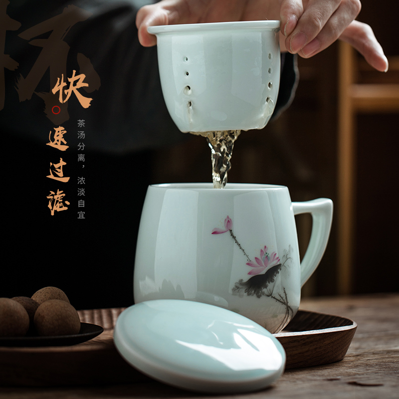 Jingdezhen ceramic filter cups with cover tea cup hand - made office cup tea separation with personal cup