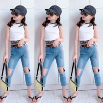 Girl Breaking Hole Jeans 2020 Summer new body stretch small leggings pants European and American Fan foreign air pants CUHK