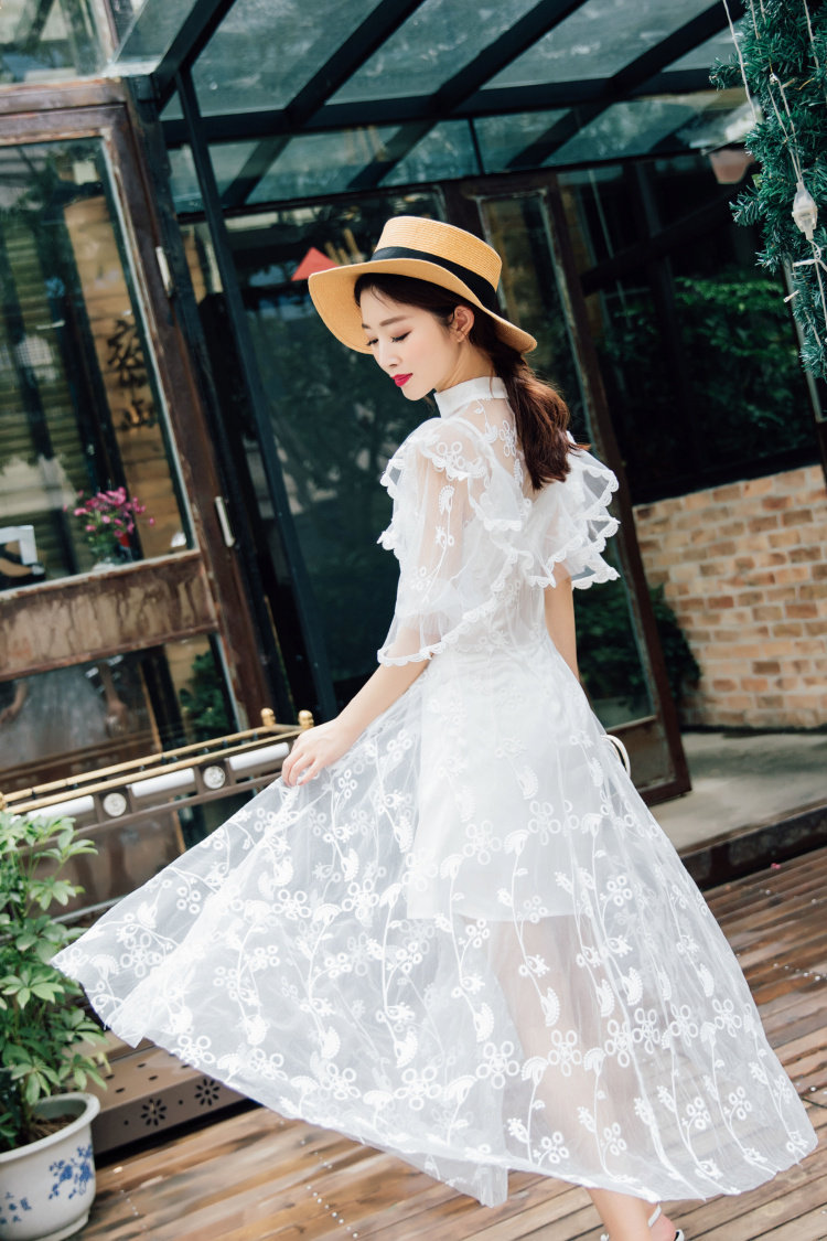 9573#白色透视网纱连衣裙仙飘逸蕾丝刺绣礼服长裙