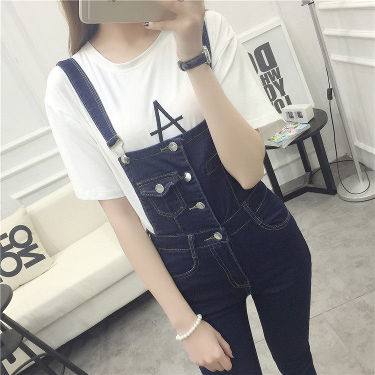 牛仔吊带裤女春秋高腰修身弹力九分牛仔裤百搭学生小脚铅笔连体裤