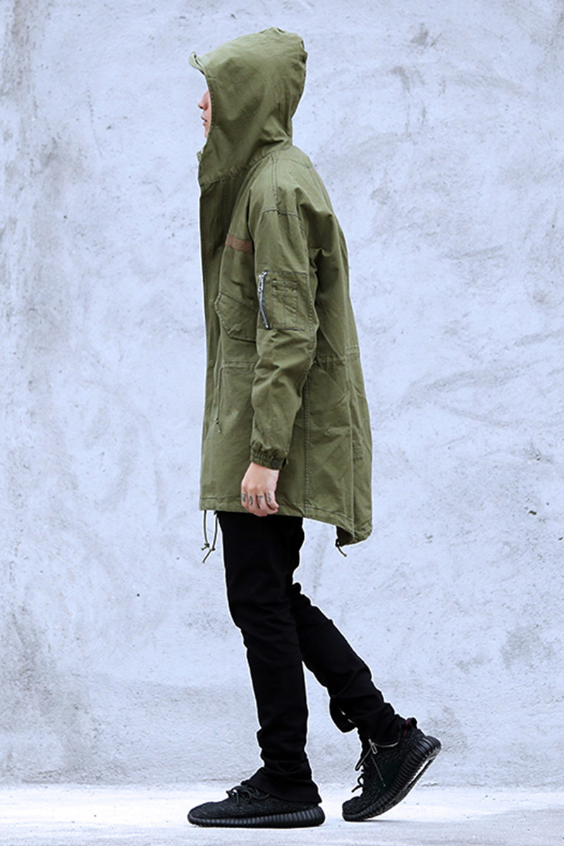 suntek帅气欧美休闲风军事风加长款燕尾前短后长宽松连帽风衣男外套