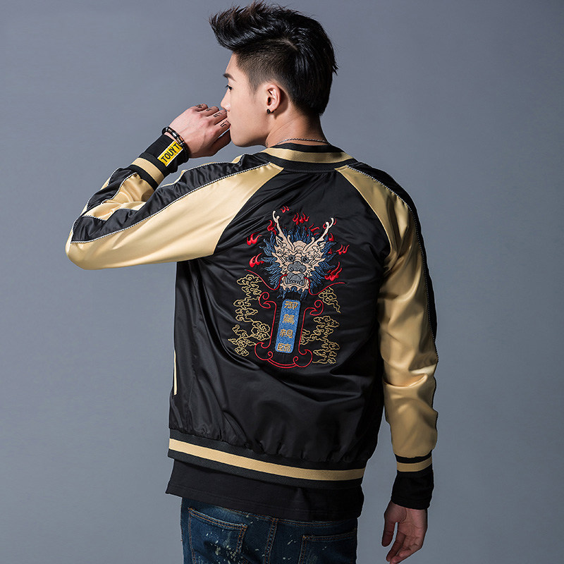 春季新款夹克男横须贺龙纹刺绣棒球服霸气中国风机车服男外套潮_7折